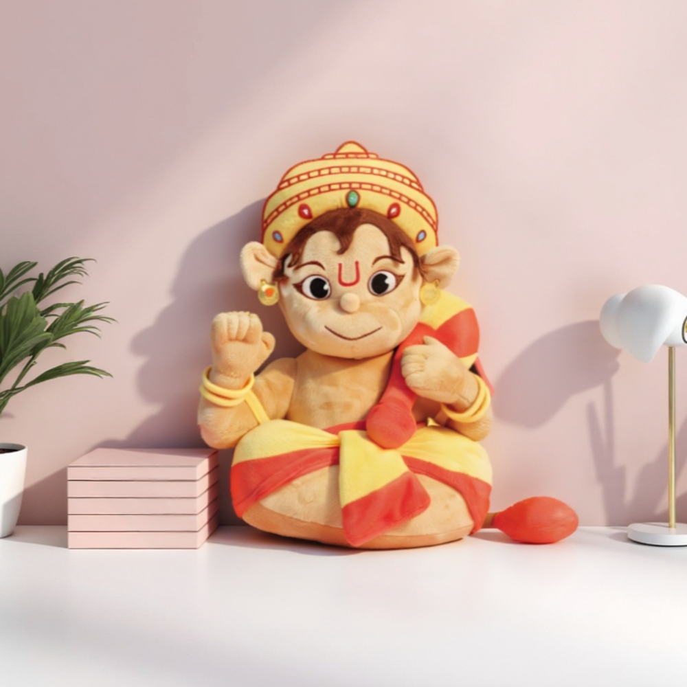 lifestyle image of aurbo mantra chanting hanuman plush toy