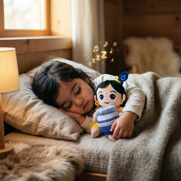 Child lying in bed holding a mantra chanting Krishna plush toy with musical notes above, in a cozy bedroom setting.