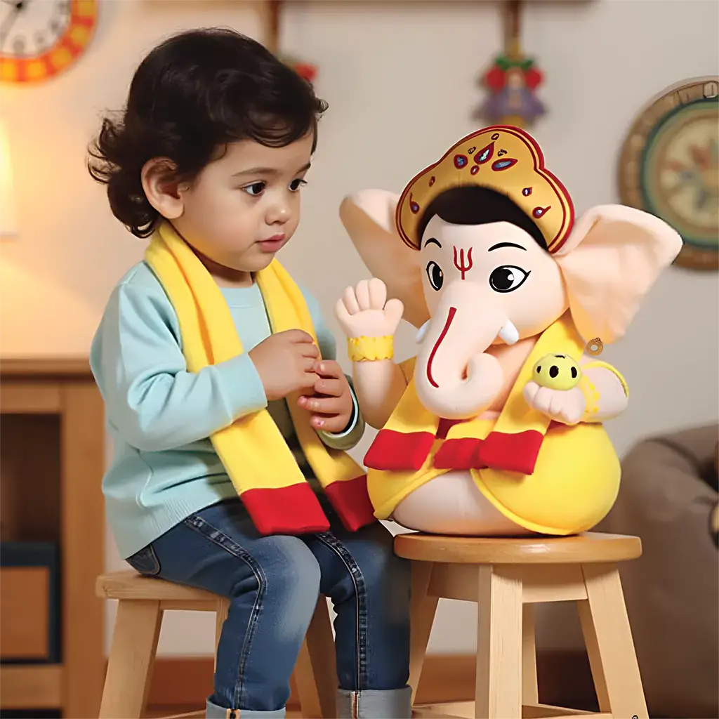 little girl with aurbo mantra chanting baby ganesha plush toy