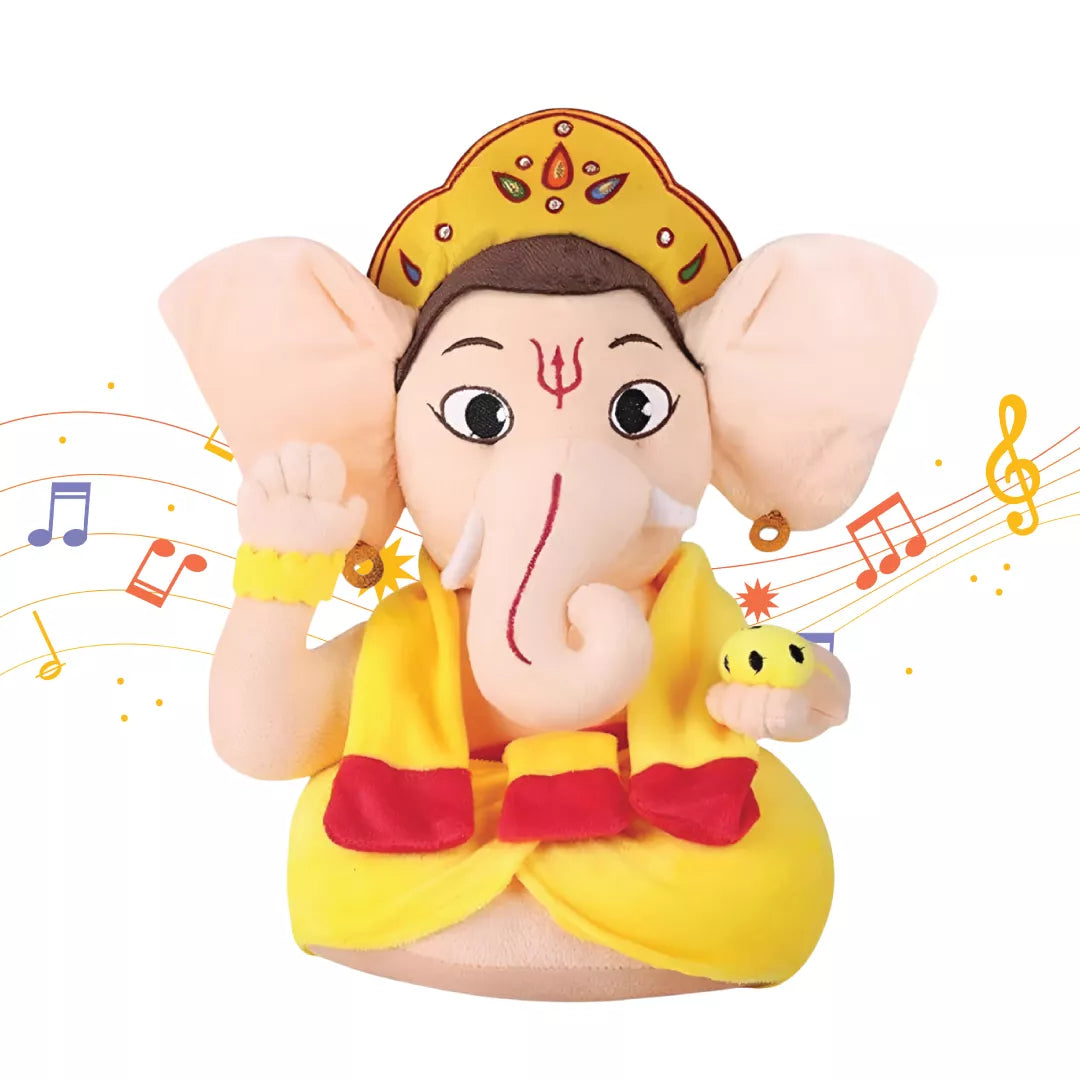 white background image of aurbo mantra chanting ganesha soft toy