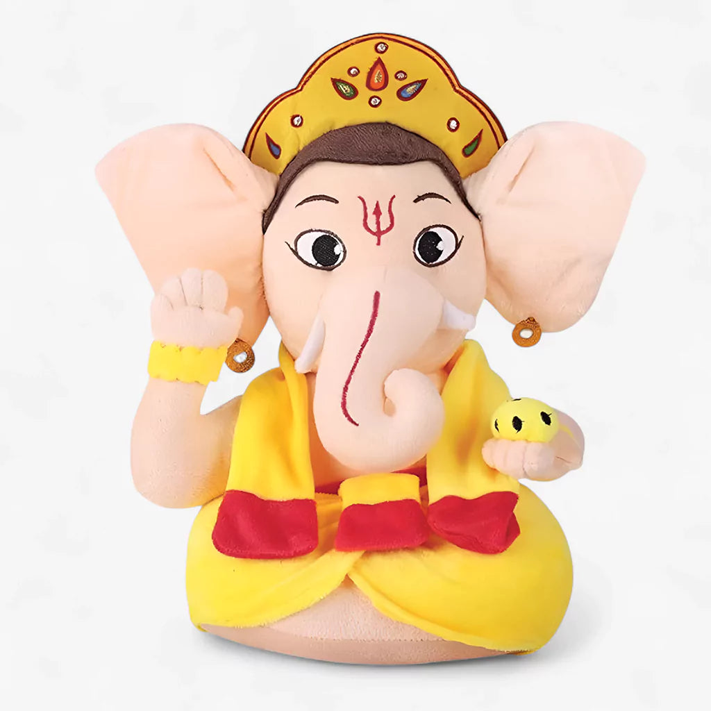 white background image of aurbo mantra chanting ganesha soft toy