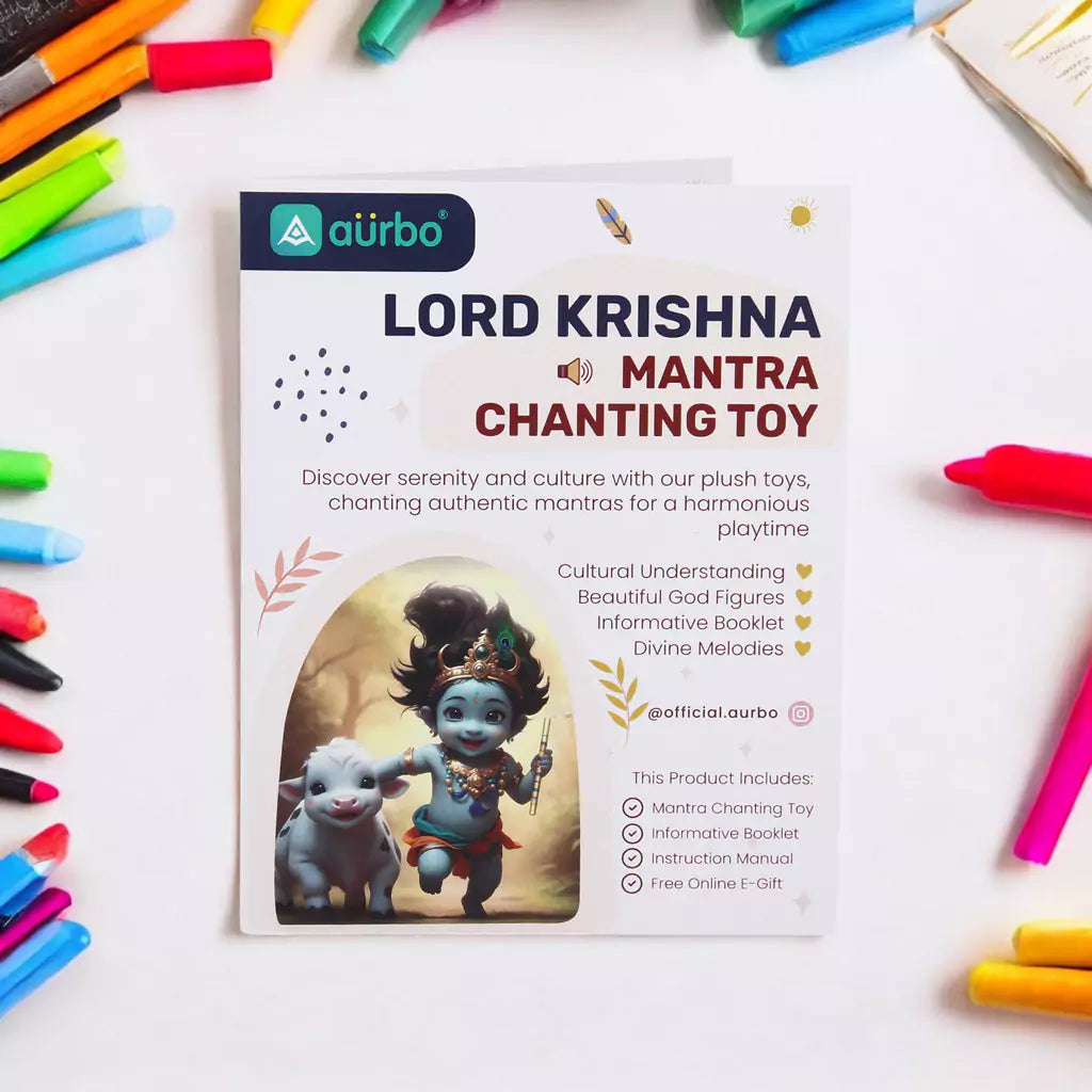 learning booklet with mantra meaning and benefits with aurbo mantra chanting krishna