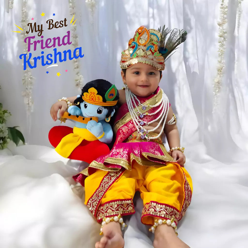 little boy dressed as lord krishna holding aurbo mantra chanting baby krishna plush toy
