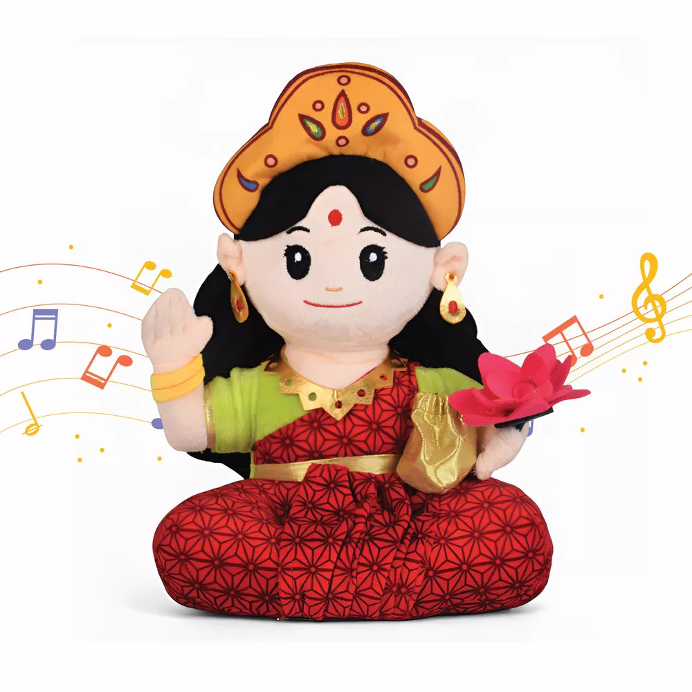 white background image of aurbo mantra chanting lakshmi soft toy