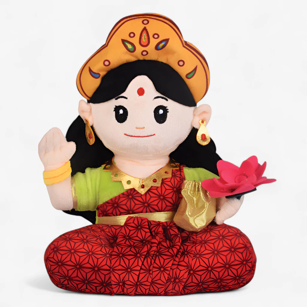 white background image of aurbo mantra chanting lakshmi soft toy