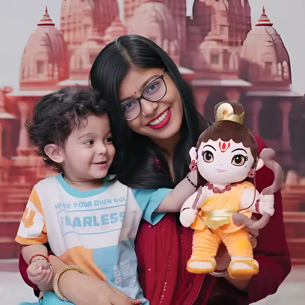 little boy & his mother with aurbo mantra chanting baby shri ram plush toy