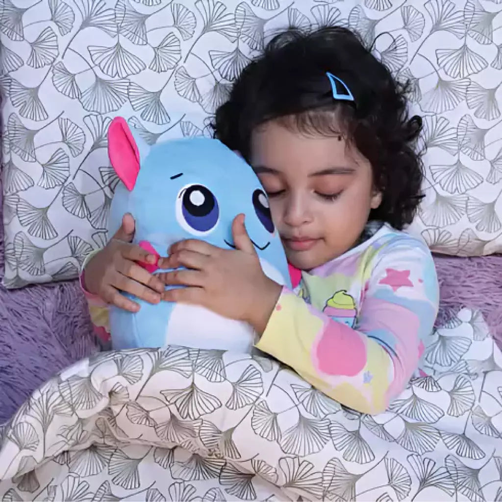 little girl cuddling with aurbo blue plush pillow soft toy