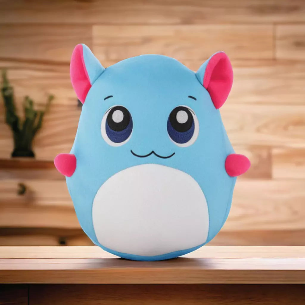 aurbo blue plush pillow soft toy on a wooden surface