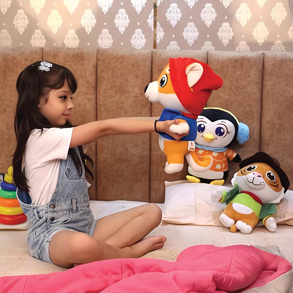 little girl playing with aurbo animal plush toys
